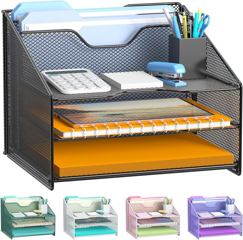 Samstar Desk File Organizer, Mesh Letter File Folder Holder with 3 Paper Trays and 2 Vertical Upright Section, for Office Supplies,Desk Accessories & Workspace,Black. - Image 1